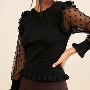 Anthropologie Maeve Black Smocked Ruffled Long Sheer Sleeve Blouse Size XS